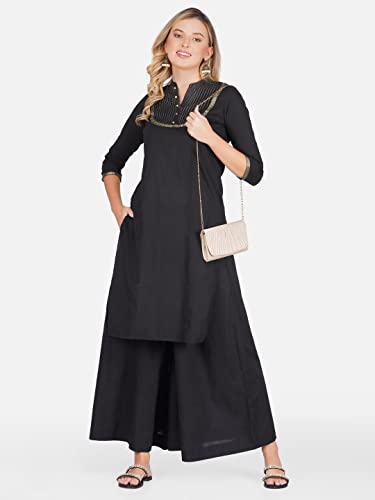 Image of fabcoast Loose Fit Palazzo Pants for Women A-Line Flared Wide Leg Summer Ethnic wear Pure Cotton Cambric with Full Elastic Waistband and 2 Side Pockets