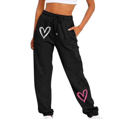 Women's Sweatpants Heart Print Elastic Waist Drawstring Bound Foot Trousers Summer Running Workout Pants with Pockets