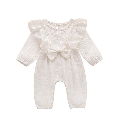 Infant Baby Girls Solid Color Cotton Linen Lace Romper Jumpsuit One Piece Bodysuit Fall Winter Onesie Clothes (A-White, 9-12M)