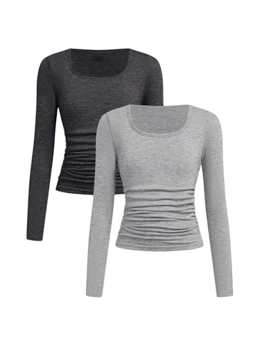SOLY HUX Girl's Long Sleeve Scoop Neck Tees Ruched Casual Tshirt Tops Slim Basic Shirts 2 Piece