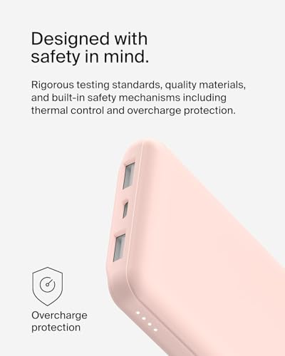 Belkin batería externa portátil de 10000mAh, cargador externo USB-C con 1 puerto USB-C y 2 puertos USB-A, power bank de 15W, batería portátil para iPhone, Galaxy, Pixel, AirPods, iPad y otros- Or rose
