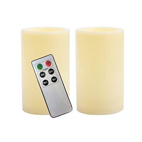 2 Outdoor Flameless Battery Operated Led Pillar Candles With Remote Waterproof Flickering Plastic Electric Decorative Lights For Lantern Party Wedding Decoration Garden Patio Home Decor 3X5 Inches #TOP15
