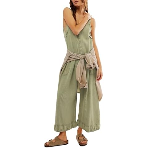 Ladyful Women's Summer Wide Leg Overalls Casual Loose Sleeveless Jumpsuits Waffle Backless Tank Romper Cover