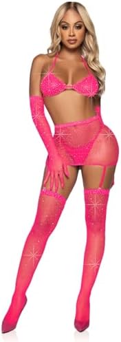 Leg Avenue Women's 5 Pc Rhinestone Fishnet Garter Skirt Set with Bikini Top, G-String, Gloves, and Matching Stockings, Neon Pink, One size