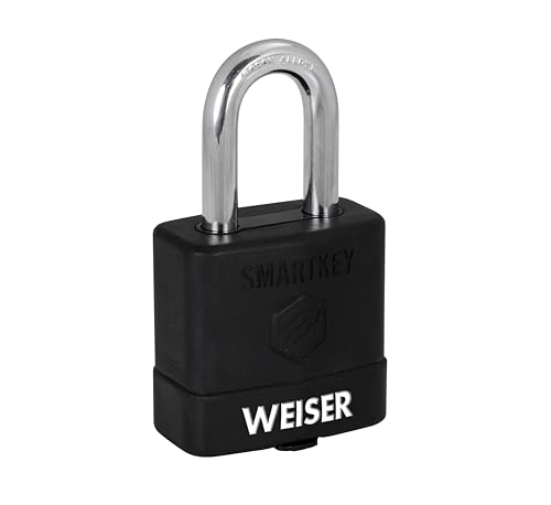 Weiser Laminated Steel Padlock with SmartKey, Boron Carbide Shackle, with Weather Cover, Outdoor Gate and Storage Lock, 2 in Body, 1-1/2 in Shackle by Weiser - Used condition - CA$34.78