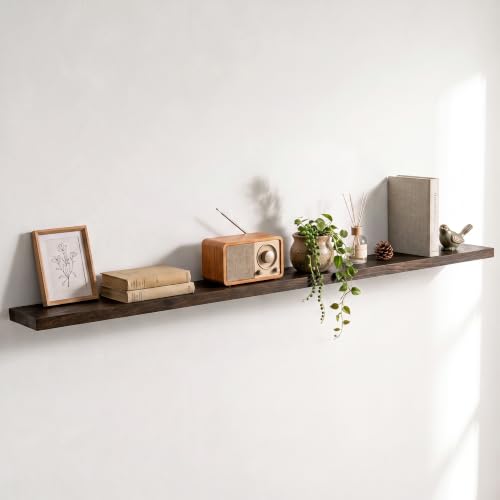 Image of Elm Floating Shelves for Wall - 72 in Rustic Solid Wood Shelves with Heavy-Duty Invisible Bracket, Long Wall-Mounted Wooden Shelf for Living Room, Bathroom, Kitchen Storage & Display, Set of 1, Walnut
