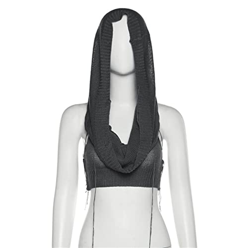 Image of Women's Knitted Hoodie Sweater Vest Sexy Sleeveless Hollow Out Hooded Crop Top Draped Sweatshirt Streetwear