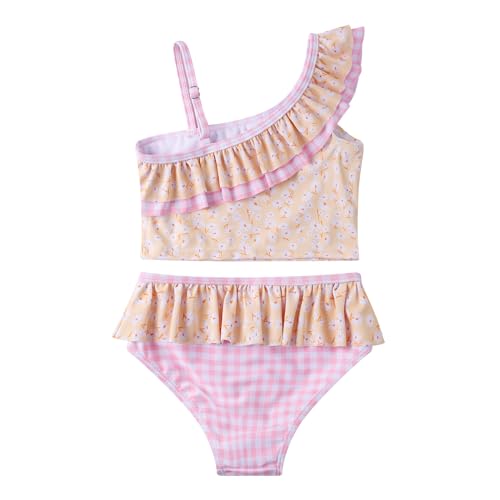 LIZENS Girls Two Piece Swimwear Flounce Ruffle Flower Print One Shoulder Beach Swimsuit2