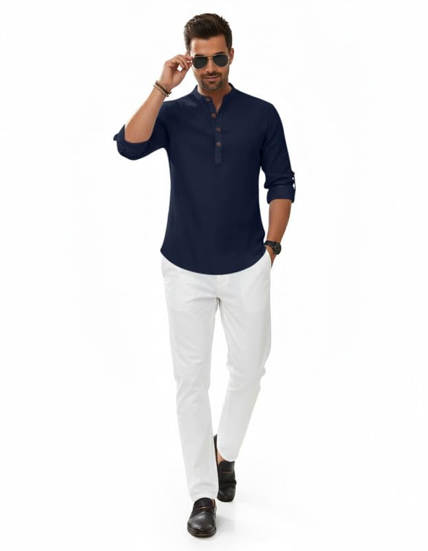 Image of Macsivo Men's Cotton Blend Solid Short Kurta with Regular Lenth Mandarin Neck Full Sleeves and roll-up tab| Kurta Style Shirt for Men