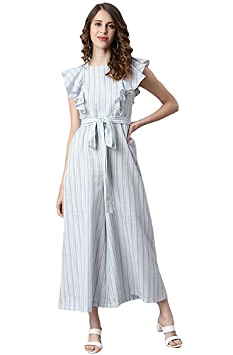 Image of Janasya Women's White Cotton Stripes Jumpsuit