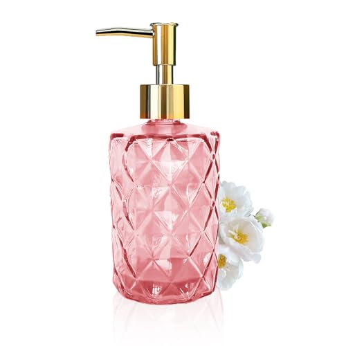 Glass Soap Dispenser with Gold Pump, Bathroom Soap Dispenser, 330ml Hand Foam Lotion Dispenser, Refillable Liquid Soap Bottle for Kitchen, Hand Sanitizer, Lotion (Pink)