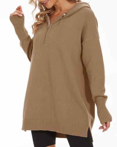 Image of Women's Hooded Sweater Loose Half Zip Drawstring Pullover Sweatshirt Top Casual Long Sleeve Side Slit Knit Hoodie
