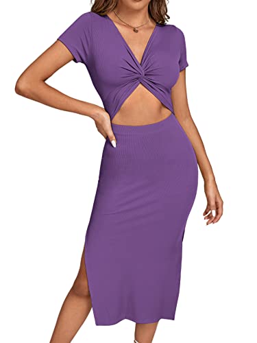 Image of LYANER Women's Twist Front Cut Out Split Hem V Neck Short Sleeve Knit Bodycon Midi Dress