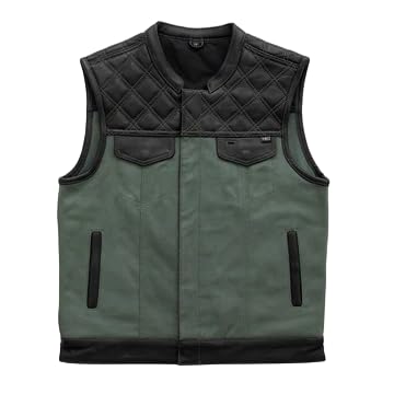 First Mfg Co - Hunt Club - Men's Motorcycle Biker Riding Black Green Leather Canvas Vest - Extra Large - Conceal Carry Pockets