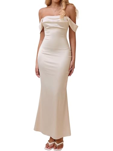 KUTUMAI Women Off Shoulder Satin Maxi Dress Elegant Ruched Bodycon Long Cocktail Formal Wedding Guest Dresses