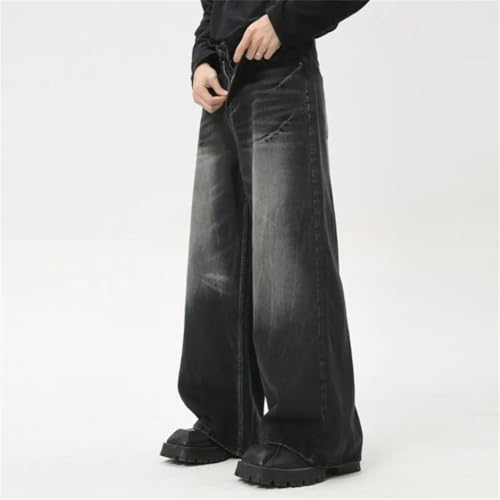 Men Jeans Loose Zipper Wide-Leg Washed Denim Pants High Street Trousers3
