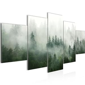 Schilderijen Bos 5 Delen Fleece Canvas Schilderij Decoratie Huiskamer mist groen grijs 032352a