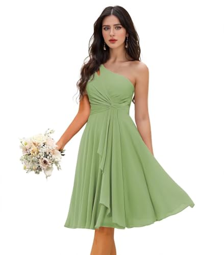 One Shoulder Short Bridesmaid Dresses A Line Chiffon Pleated Formal Party Dress for Wedding Guest BM0123