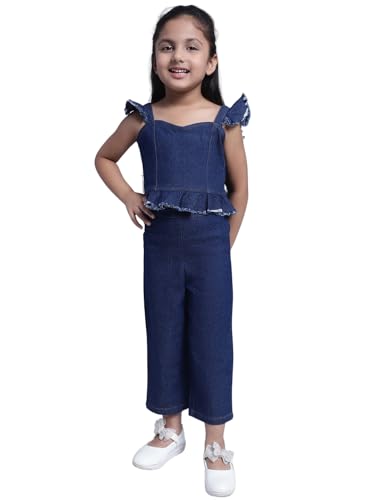 Image of superminis Girl's Denim Solid Top And Trouser Co-Ords Set Dress | Stylish & Comfortable