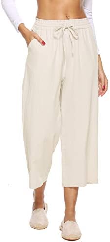 LNX Women's Linen Pants High Waist Wide Leg Drawstring Casual Loose Trouser Beige