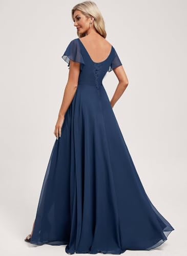 Women's Flutter Sleeve Bridesmaid Dresses Chiffon Formal Dress with Pockets V-Neck Party Prom Gown with Split NXY0494