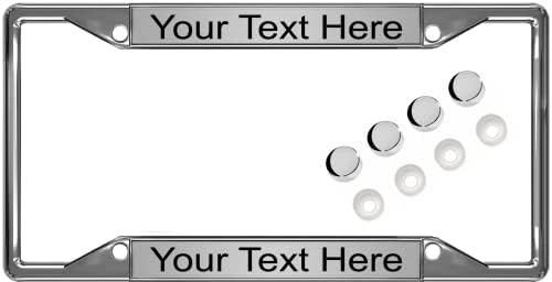 Personalized 4 Hole Chrome Metal Laser Engraved Standard Size (6”x12”) with Custom Text Design - Car License Plate Frame with Free caps - Silver/Black Text (Qty: 1 Frame)