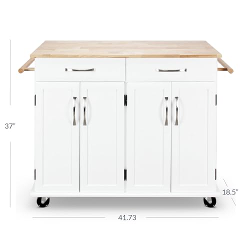 BELLEZE Rolling Kitchen Island Cart on Wheels with Storage Cabinet, Mobile Kitchen Cart Island Table with 2 Drawers Towel Racks Rubber Wood Top Coffee Bar for Dinning Room, 41.7”Lx18.5”Wx37”H, White