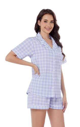 Image of LUBOT 100% Cotton Pajamas for Women 2 Piece PJ Set Poplin Woven Lightweight Ladies Button Short Sleeve Sleepwear S-XXL