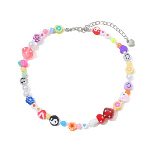 Y2K Necklace for Women Colorful Fruit Pearl Choker Necklace Cute Mushroom Yin Yang Beaded Necklace Handmade Resin Flower Jewelry