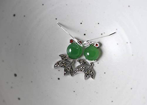Boucles d'oreilles poisson en agate verte et cristal de sable rétro S925