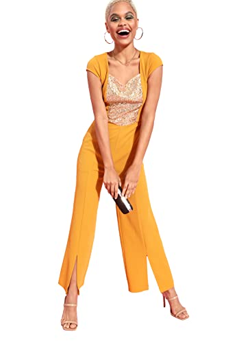 Image of Miss Chase Women's Mustard & Golden Embellished Regular Jumpsuit