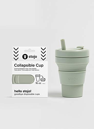 Stojo Collapsible Coffee Cup | Reusable To Go Large Pocket Size Travel Cup – Sage Green, 16oz / 470ml | With Straw