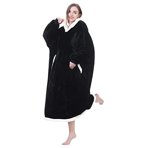 Kipswiza Blanket Hoodie Oversized Wearable Blankets Long Cozy Sherpa Fleece Blanket Sweatshirt with Sleeves Big Pockets for Adult Women Men Family Friends Black