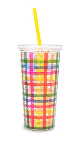 Ban.do Metallic Sip Sip Insulated Tumbler with Reusable Straw, 20 Ounce Glitter Travel Cup, Block Party