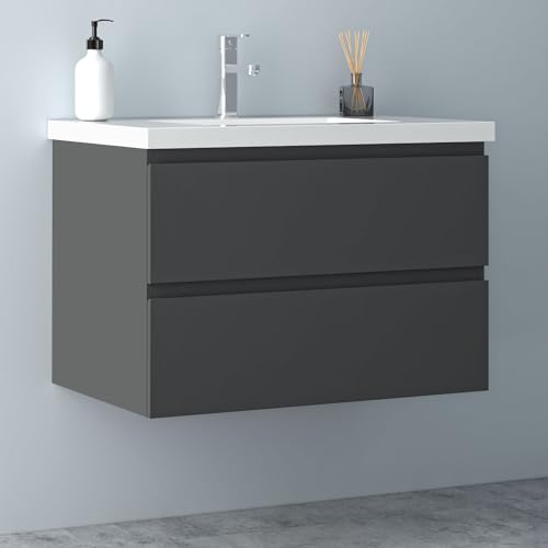 Biubiubath Badezimmermöbel 80cm Mineralguss Waschtisch mit Unterschrank Badmöbel Set Badezimmerschränke mit 2 Soft-Close Schubladen Dunkelgrau Matt
