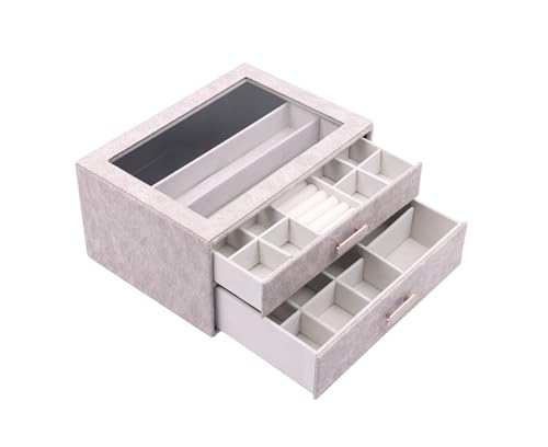 Image of BucketList Premium PU Leather Jewellery Organizer Box with Glass Lid | 2 Pull-Out Drawers Multi-Compartment Storage for Rings, Earrings, Necklaces & Bracelets (2-Layer Jewelry Box (White))