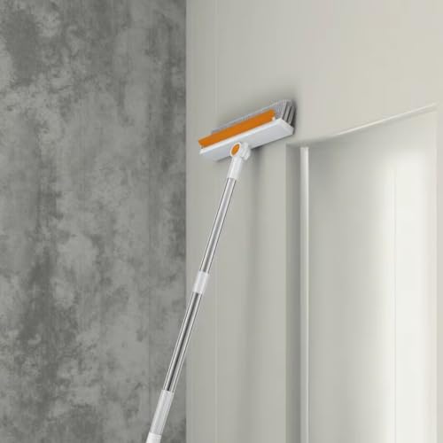 Image of 3-in-1 Tile BathroomCleaning Brush with Wiper | 180 Rotating Head | Long Handle Floor Scrubber Brush for Tile, Toilet | Silicone Wiper Blade, Heavy Brush (Orange)