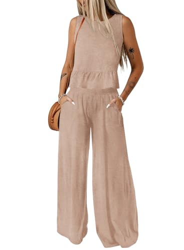 Image of Dokotoo Pants Sets Women 2 Piece Outfits Sleeveless Round Neck Tank Tops Matching Sets for Women Elastic Waist Wide Leg