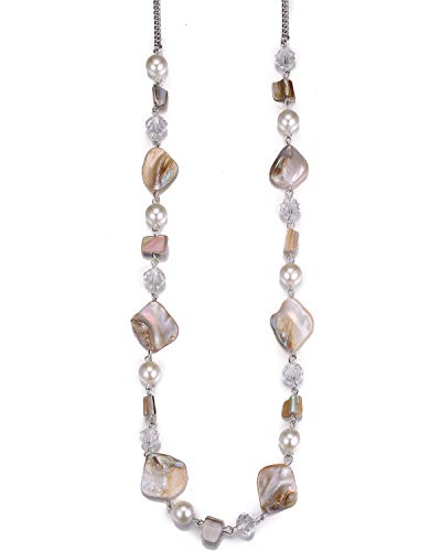 Bulinlin Collier de perles long pour femme - Style bohème - Argent - Pour anniversaire de mariage - Bijou fantaisie - Cadeau idéal, Résine Verre Perle, Perle