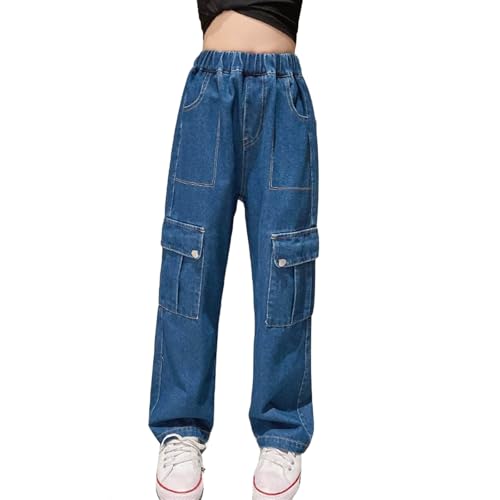 Denim Cargo Pants for Teen Girls High Waisted Streetwear Cargo Jeans Y2K Elastic Waist Jeans Straight Leg Denim Pants