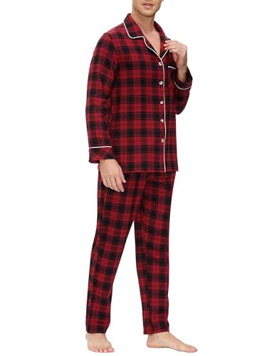 MoFiz Mens Cotton Christmas Pajamas Sets Sleepwear Long Sleeve Button Down Pajamas For Men With Pants Soft Plaid PJ Pants Set With Pockets