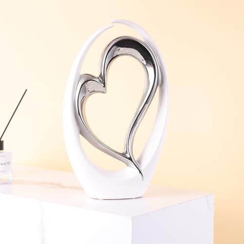Escultura doble corazón blanca y plateada en cerámica miniatura 3