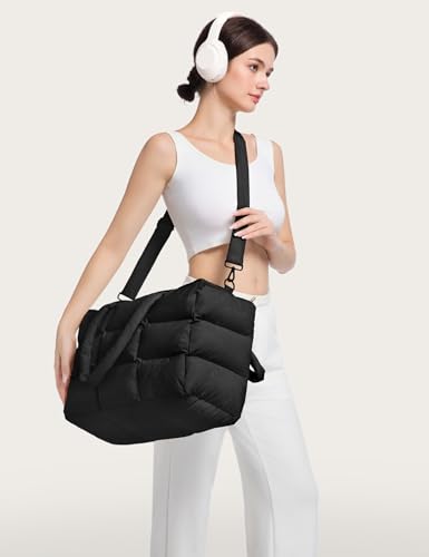 Puffer Tote Bag with Laptop Compartment, Quilted Shoulder Bag for Work Gym, Puffy Travel Carry On Tote with Zipper2