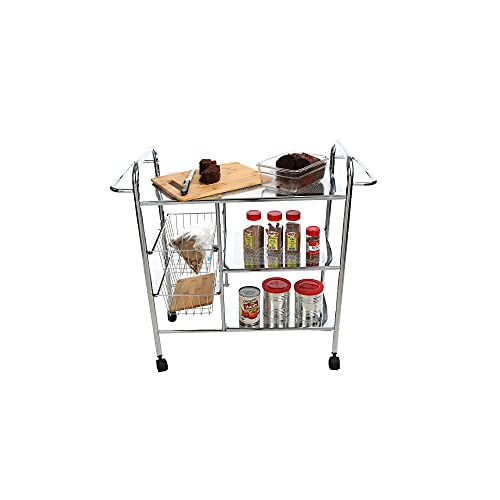 Mind Reader 3-Tier Kitchen / Utility Cart with 2 Shelves, 2 Baskets For Extra Storage, Handles for Hanging Towels