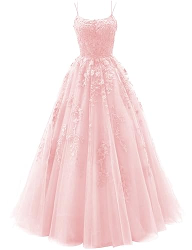 petyoo Blush Pink Prom Dresses Long Ball Gown Tulle Lace Appliques Spaghetti Straps Backless Formal Dress Size 0