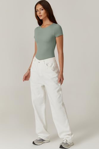 Image of QINSEN Women's Crew Neck Short Sleeve Bodysuit Double Lined Body Suits Basic T-shirt Tops