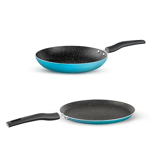 Image of Borosil Festive Glory Non-Stick Set of 2 Tawa (25 cm) and Fry Pan (24 cm), Gas Stove & Induction Compatible, Metal Spoon Friendly, Blue Exterior, Thick Uniform Body, Stir Fry Pan, Tava for Prantha