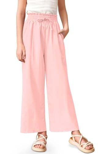 Image of Girls Summer Floral Wide Leg Pants High Waisted Flowy Dress Trousers with Pockets for School Lounge Beach 5-14 Years