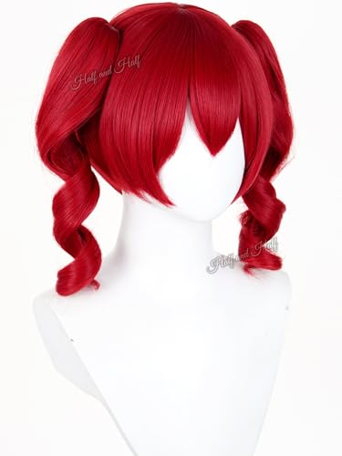 Image of Half and Half Short Curly Deep Red Anime Ponytail Wig with Bangs for Women Dark Red Twin Tails Virtual Singer Lolita Wigs Game Clown Wig for Halloween Party Costumes Daily