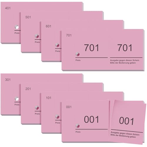 Nezyo 8 Bloques de Tickets Numerados 1-800 Talonario de Rifa de Números Dobles Tickets de Consumición Recibos de Comida Buffet Billetes Ganadores Fichas de Ropa para Fiesta Eventos Club(Rosa)